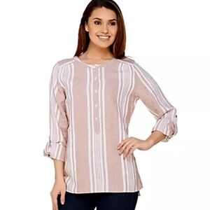 Denim & Co. XL Brown White Striped Yarn Dyed Linen Blend Woven Top Blouse Shirt